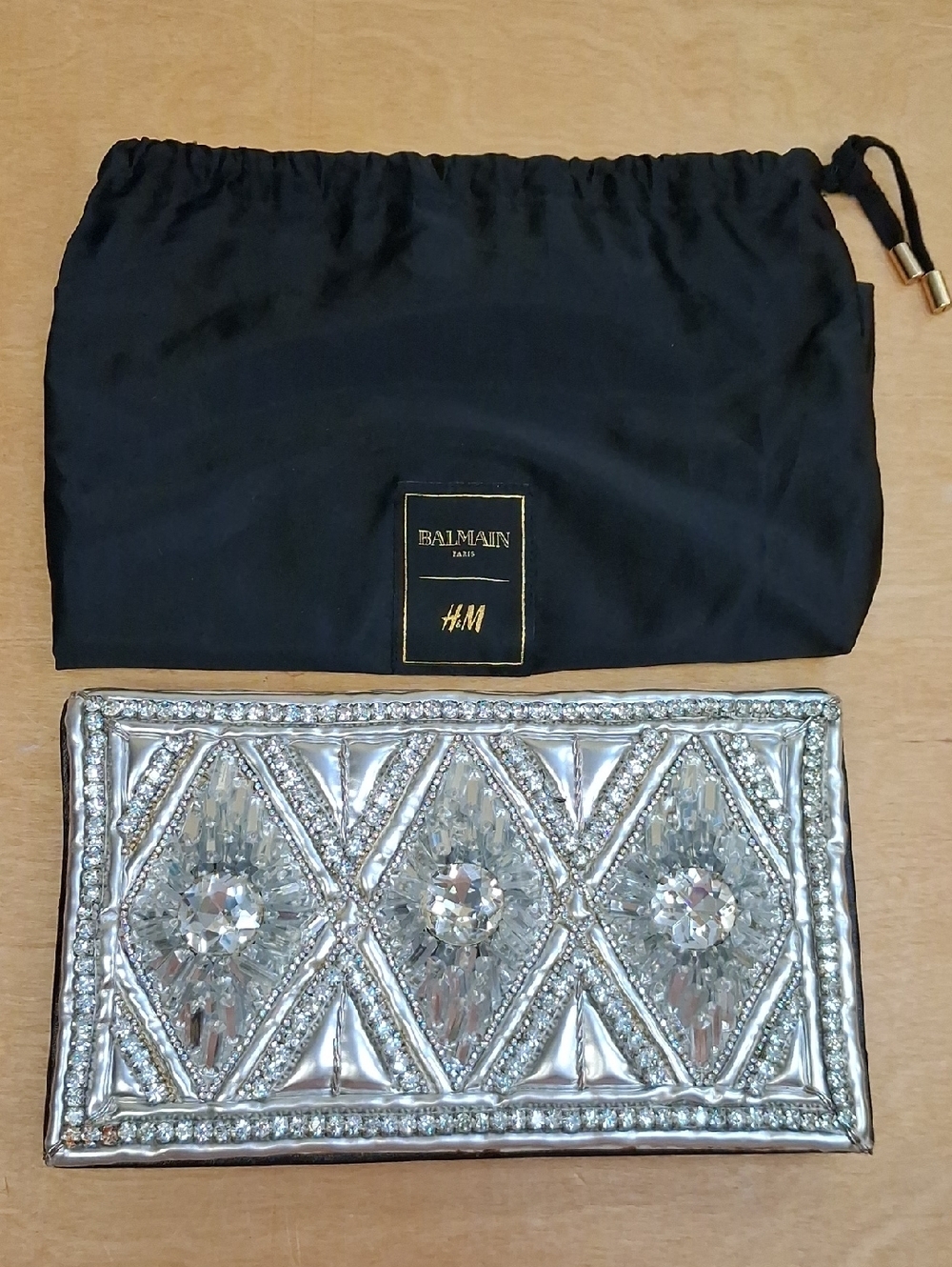 Balmain Crystal Embellished Clutch Silver Beaded Art Deco Evening Bag One Size